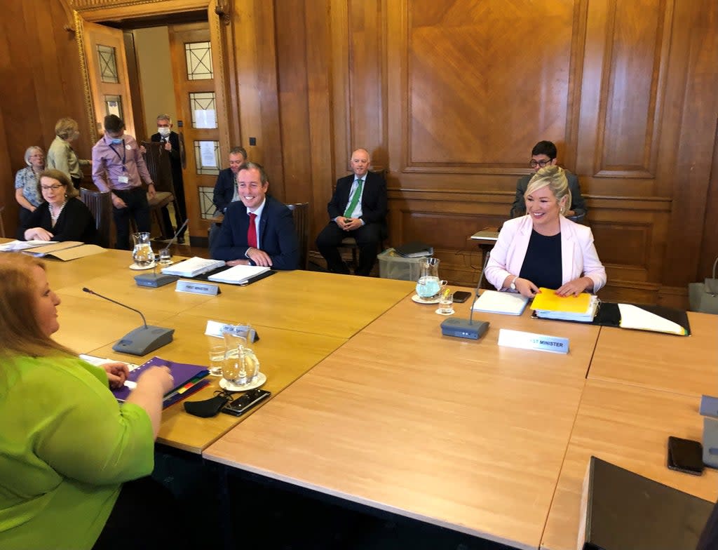 First Minister Paul Givan and deputy First Minister Michelle O’Neill with Justice Minister Naomi Long before the first face to face Stormont Executive meeting in almost a year in Parliament Buildings Stormont. Picture date: Thursday September 23, 2021. (PA Wire)