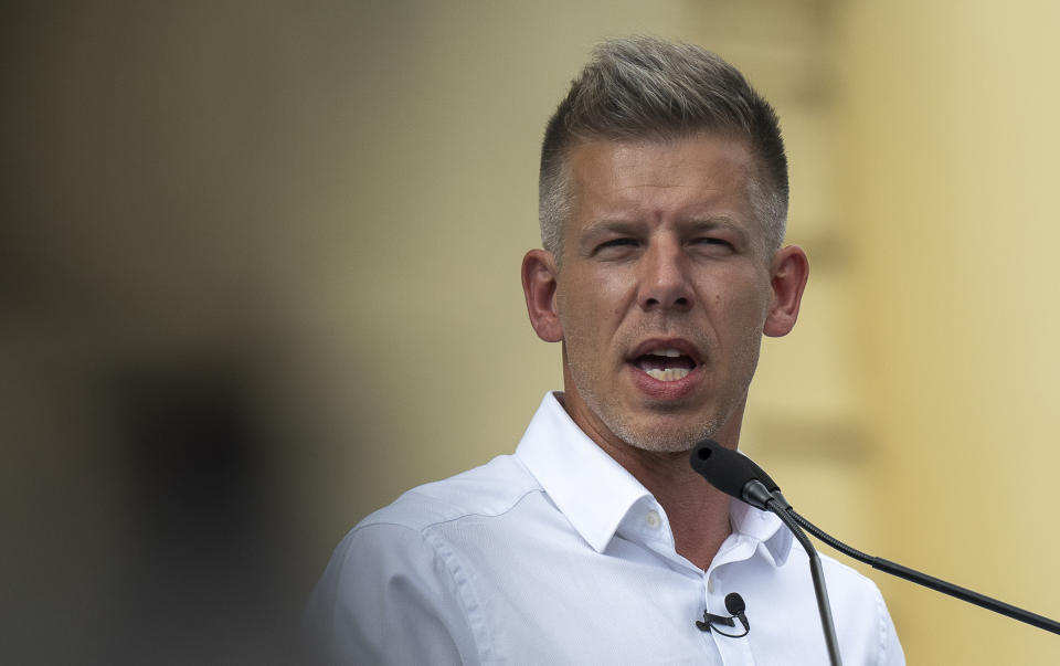 Péter Magyar, a rising challenger to Hungarian Prime Minister Viktor Orbán, addresses people at a campaign rally in the rural city of Debrecen, Hungary, on Sunday, May 5, 2024. Magyar, whose TISZA party is running in European Union elections, has managed to mobilize large crowds of supporters on a campaign tour of Hungary's heartland, a rarity for an Orbán opponent. (AP Photo/Denes Erdos)