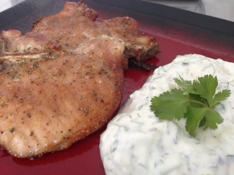 Pork chops and cilantro tzatziki 