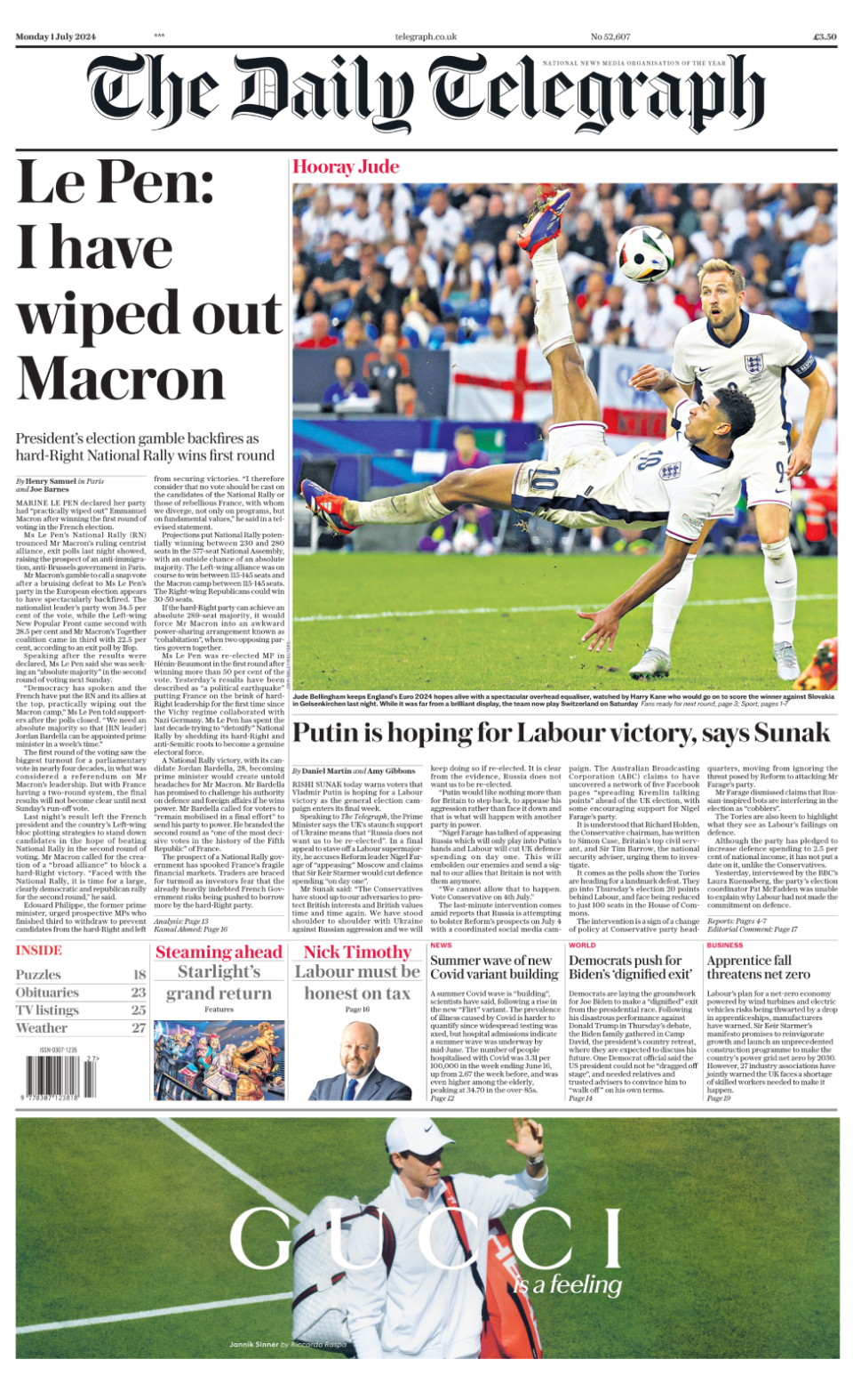 The headline on the front page of the Daily Telegraph reads: “Le Pen: I have wiped out Macron"