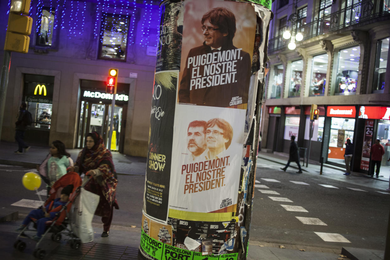 Election campaign poster in Barcelona ahead of the Dec. 21 Catalan parliamentary election. (Photo: Jose Colon/MeMo for Yahoo News)