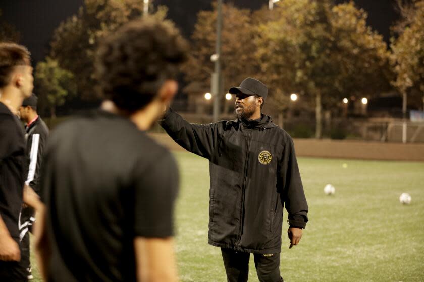 Coach Kley Bejerano (34 of Colombia) trains the Racing LA team at the Bell Gardens Sports Complex on Thursday, September 21, 2023.