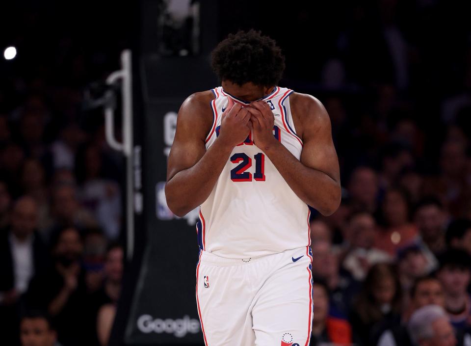 Joel Embiid of the Philadelphia 76ers reacts during the first half against the New York Knicks at Madison Square Garden.