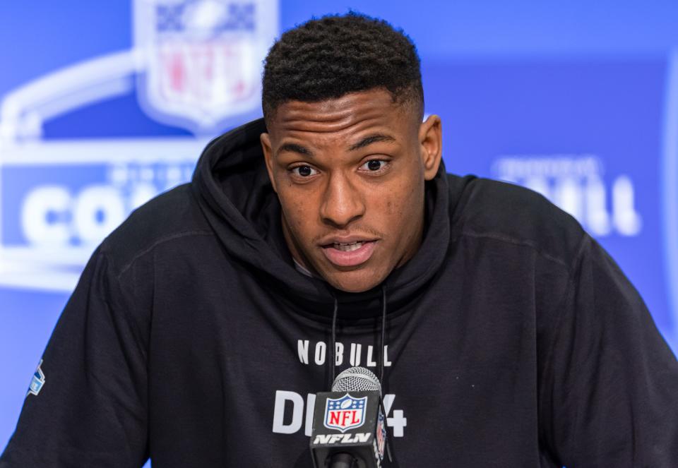 INDIANAPOLIS, INDIANA - FEBRUARY 28: Maason Smith #DL24 of the LSU Tigers speaks to the media during the 2024 NFL Draft Combine at Lucas Oil Stadium on February 28, 2024 in Indianapolis, Indiana. (Photo by Michael Hickey/Getty Images)