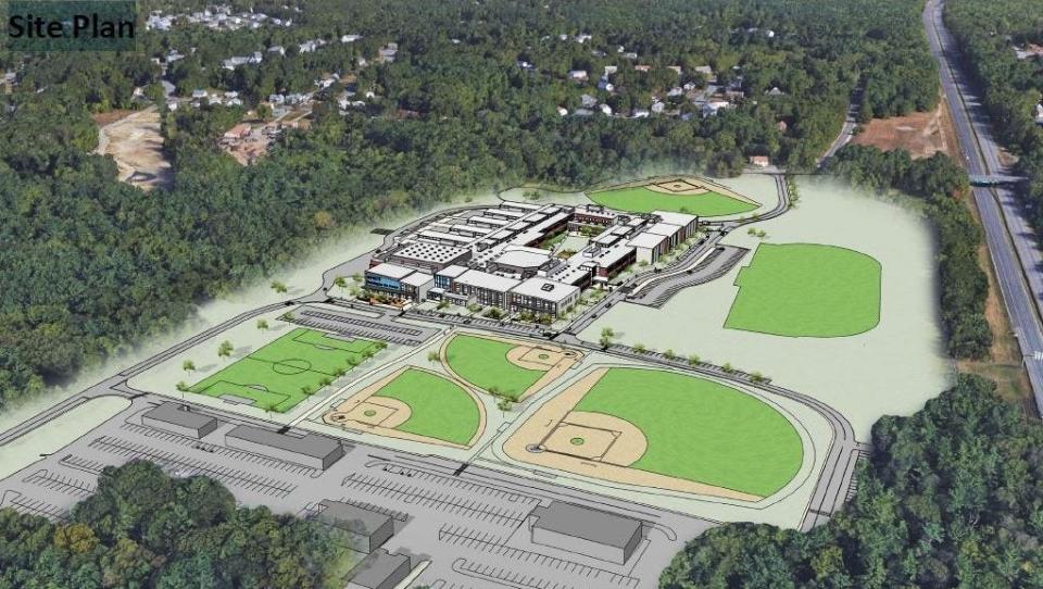 This site plan shows Bristol-Plymouth Regional Technical School's proposed new building and ball fields.