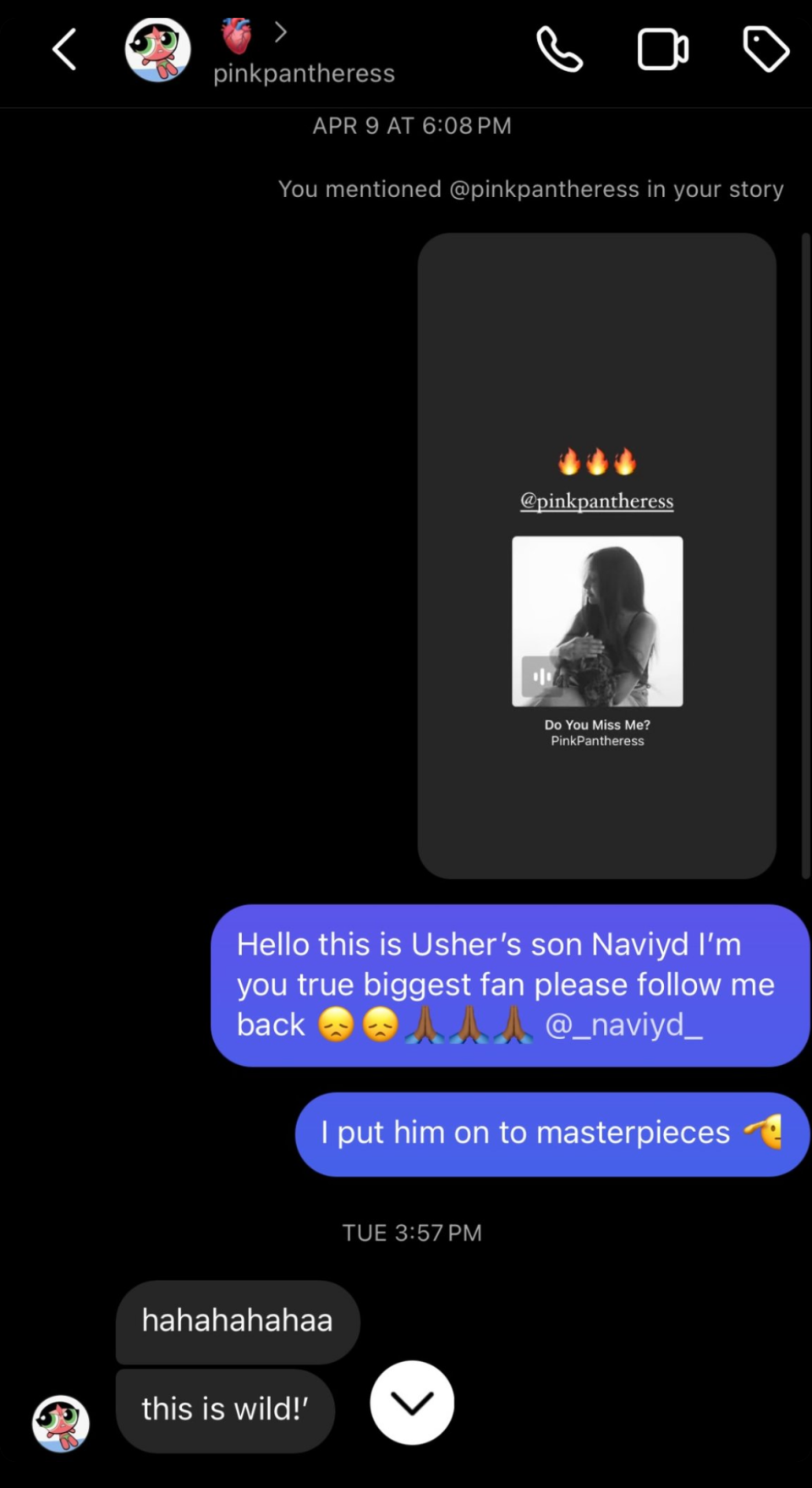 <h1 class="title">Usher's Son Stole His Dad's Phone to Slide into PinkPantheress's DMs</h1><cite class="credit">Courtesy of Instagram</cite>