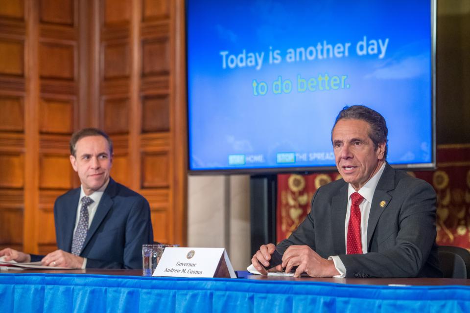 New York Gov. Andrew Cuomo delivers his daily press briefing on coronavirus alongside Health Commissioner Howard Zucker on April 30, 2020, at the state Capitol in Albany.