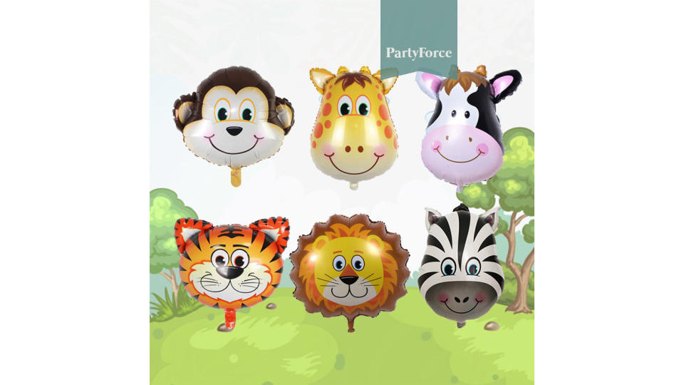 A photo of 6 Animal Safari Theme Foil Balloons. 