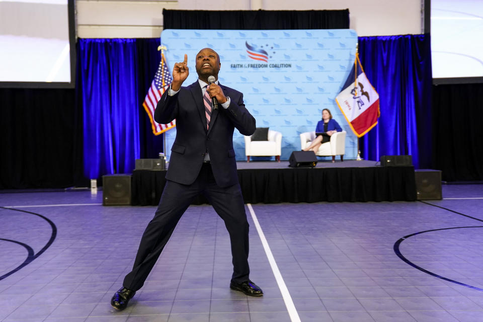 Sen. Tim Scott, R-S.C., speaks during the Iowa Faith and Freedom Coalition Spring Kick-Off Saturday, April 22, 2023, in Clive, Iowa. (Charlie Neibergall / AP)