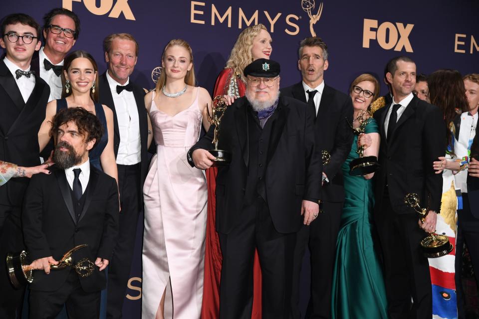 Bran Stark, Emilia Clarke, Peter Dinklage, Jorah Mormont, Sophie Turner, Gwendoline Christie, George R.R. Martin, others pose with Emmys