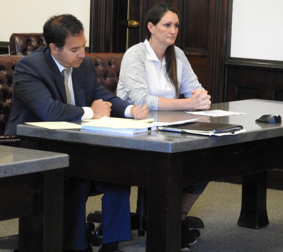 Attorney Edward Itayim with client Alexis Green of Dresden Thursday in Coshocton County Common Pleas Court. Green received 8 to 10 years in prison, with the minimum term mandatory, for two counts of trafficking in methamphetamine from an incident in December in Conesville.