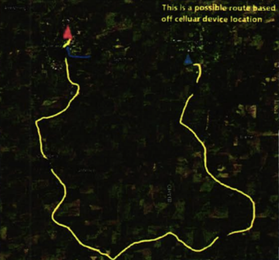 A map recreating the movements of Bryan Kohberger at the time of the murders using cell phone data and revealed in the affidavit (Latah County)