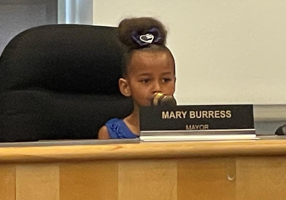 Sophia Richards, 6, of Peoria calls Monday's Pekin City Council meeting to order in her role as Mayor for a Minute.