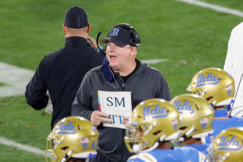 PASADENA, CA - DECEMBER 12: UCLA Bruins head coach Chip Kelly yells during USC Trojans vs UCLA Bruins football game on December 11, 2020 at the Rose Bowl in Pasadena, CA. (Photo by Jevone Moore/Icon Sportswire via Getty Images)