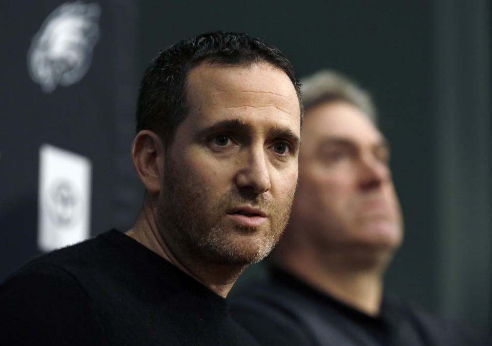 Howie Roseman, left, executive vice president of football operations for the Philadelphia Eagles NFL football team, answers a reporter's question alongside coach Doug Pederson during a news conference Tuesday Jan. 15, 2019, in Philadelphia. The Eagles lost to the New Orleans Saints on Sunday, ending their season. (AP Photo/Jacqueline Larma)