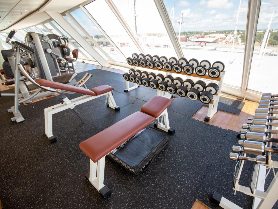 A gym with weights, benches.