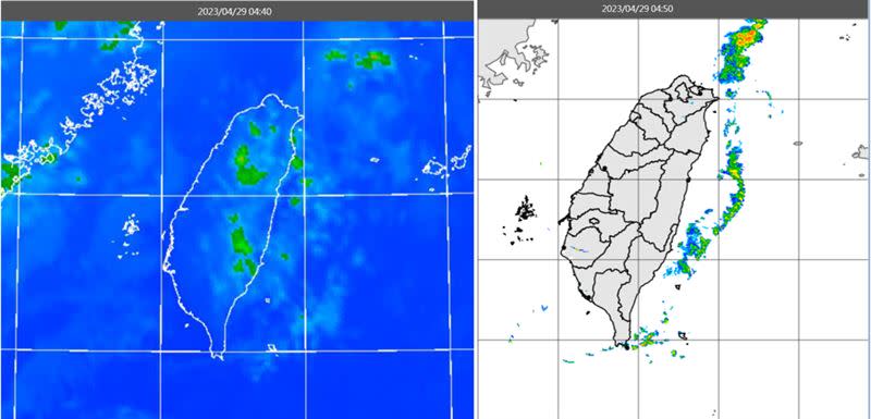 左圖：29日晨4：40紅外線色調強化雲圖顯示，台灣上空雲層稀疏。