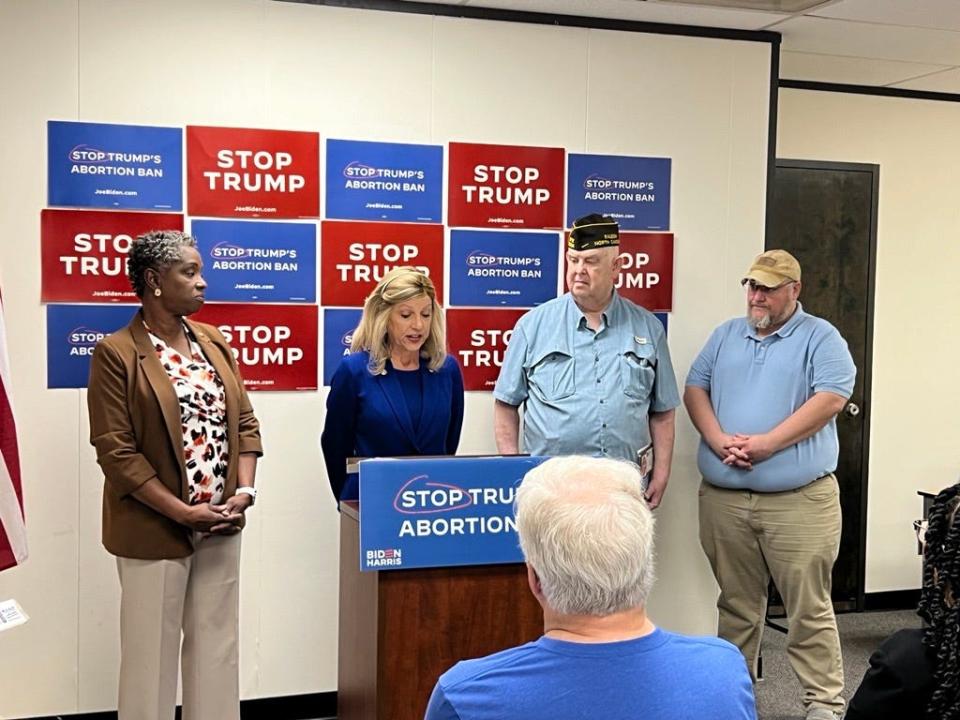 Ahead of Donald Trump's visit to Wilmington on Saturday, April 20, 2024, Wilmington councilwoman Salette Andrews spoke on women's rights and veteran support at a news conference at the New Hanover County Democratic Party Headquarters.