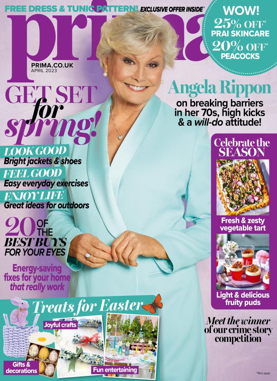 Angela Rippon appears on the cover of the April 2023 issue of Prima magazine (Nicky Johnston/Prima)