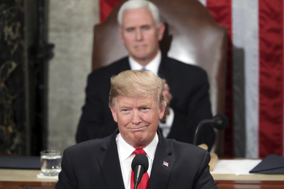 President Donald Trump delivers his State of the Union address to a joint session of Congress on Capitol Hill in Washington, as Vice President Mike Pence watchrd, Tuesday, Feb. 5, 2019. (AP Photo/Andrew Harnik)