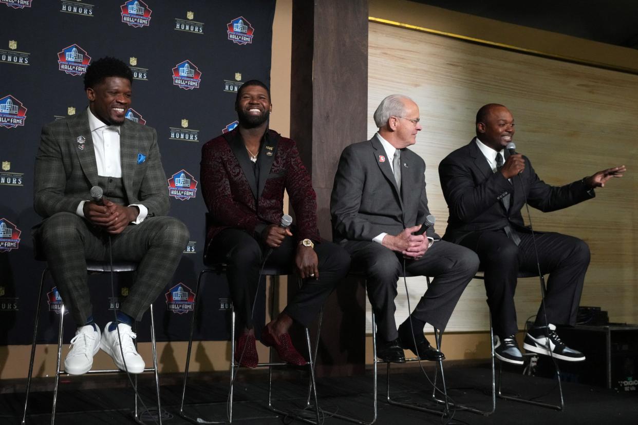 Four members of the Pro Football Hall of Fame's Class of 2024 (from left) Andre Johnson, Devin Hester, Randy Gradishar and Dwight Freeney take part in a press conference, Feb. 8, 2024, in Las Vegas.