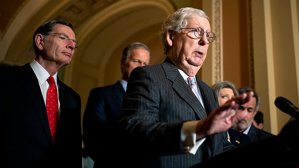 Minority Leader Mitch McConnell (R-Ky.) addresses reporters after the weekly policy luncheon on Tuesday, March 22, 2022.