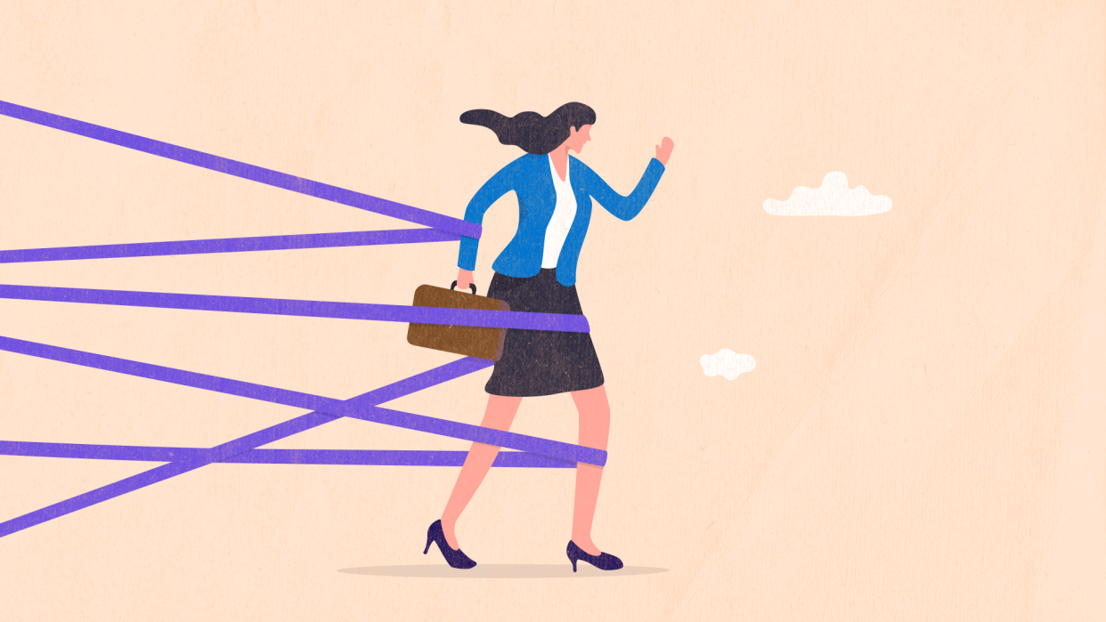 illustration of a business woman holding a briefcase walking forward - but she's caught up in purple tape all around her