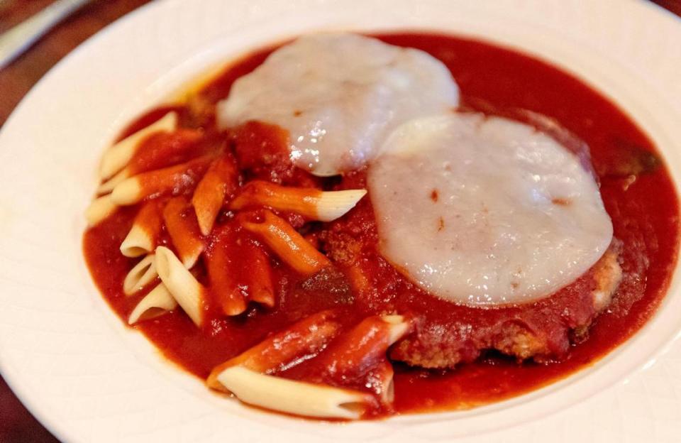 The chicken Parmesan at Jasper’s Italian Restaurant is a breaded chicken breast bathed in tomato sauce and cheese, with a side of penne.