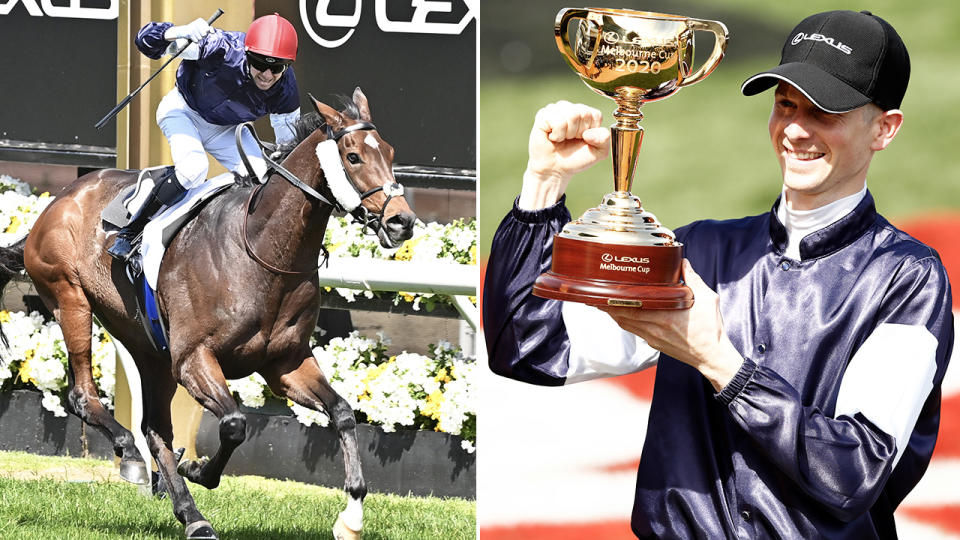 Jye McNeil celebrates after winning the Melbourne Cup with Twilight Payment. Image: Getty