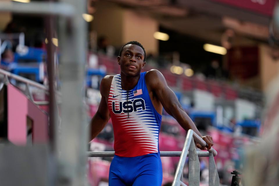 Ronnie Baker reacts after Team USA's 4x100-meter relay heat.