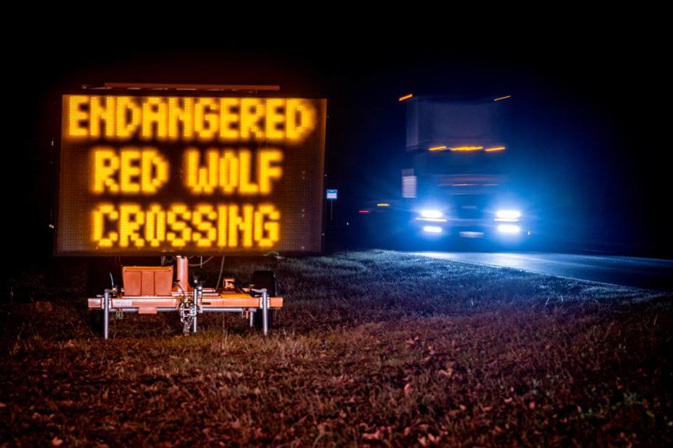 A sign on U.S. 64 outside Manteo warns motorists to watch for endangered red wolves.