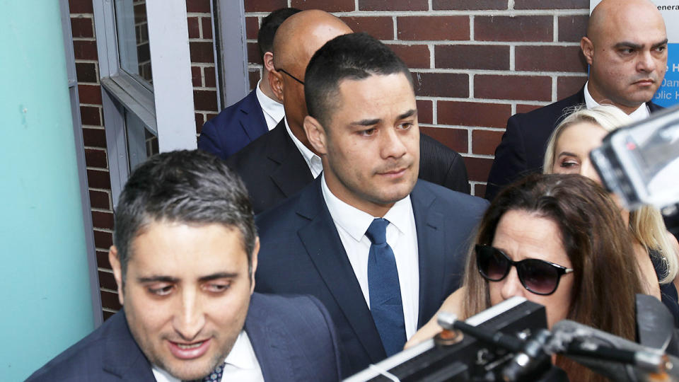 Jarryd Hayne is seen here outside court where he pleaded not guilty to rape charges.