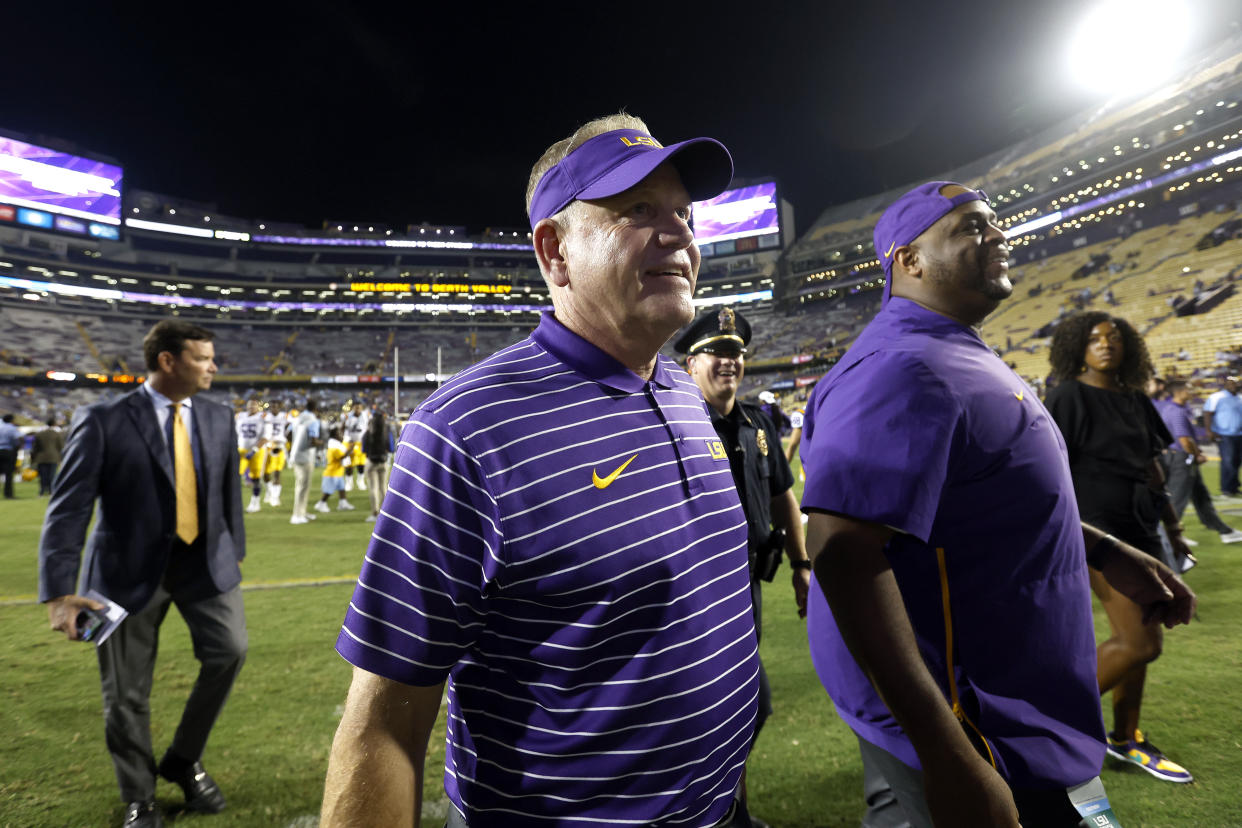 LSU head coach Brian Kelly is seen after an NCAA college football game against Southern in Baton Rouge, La., Saturday, Sept. 10, 2022. (AP Photo/Tyler Kaufman)