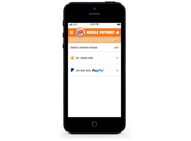 Burger King mobile app for  iOS with a PayPal option