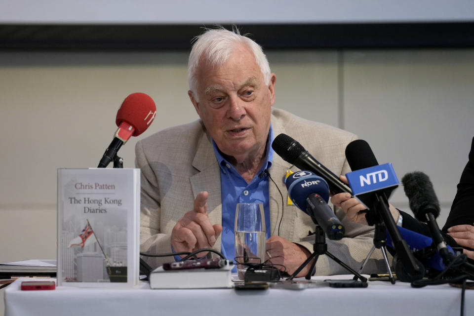 Chris Patten, the last British governor of Hong Kong speaks ahead of the publication of his book "The Hong Kong Diaries", during a press conference hosted by the Foreign Press Association at the Royal Over-Seas League in London, Monday, June 20, 2022. The publication of the book coincides with the 25th anniversary year of when Hong Kong was handed back to China from being a British colony in 1997. (AP Photo/Matt Dunham)