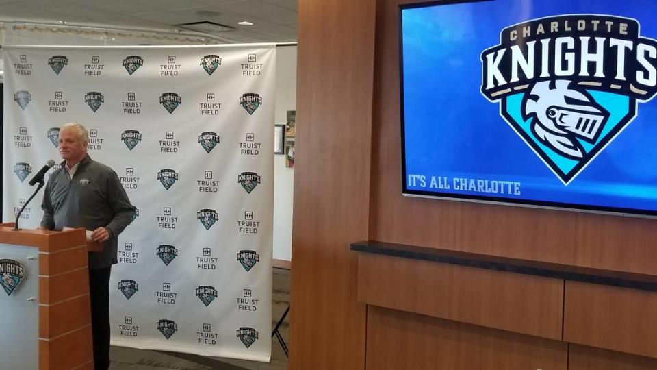 Dan Rajkowski, chief operating officer for the Charlotte Knights, speaks to media outlets about the franchise being up for sale.