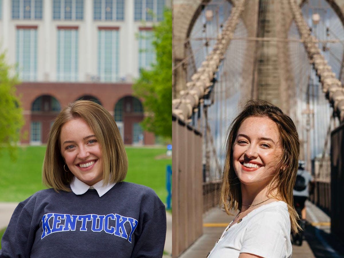 The writer stands on a college campus with a "Kentucky" sweatshirt on; The writer stands in front front of a bridge in New York