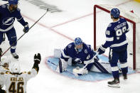 Tampa Bay Lightning goaltender Andrei Vasilevskiy (88) drops to the ice after giving up a goal to Boston Bruins left wing Taylor Hall during the third period of an NHL hockey game Tuesday, Nov. 29, 2022, in Boston. (AP Photo/Charles Krupa)