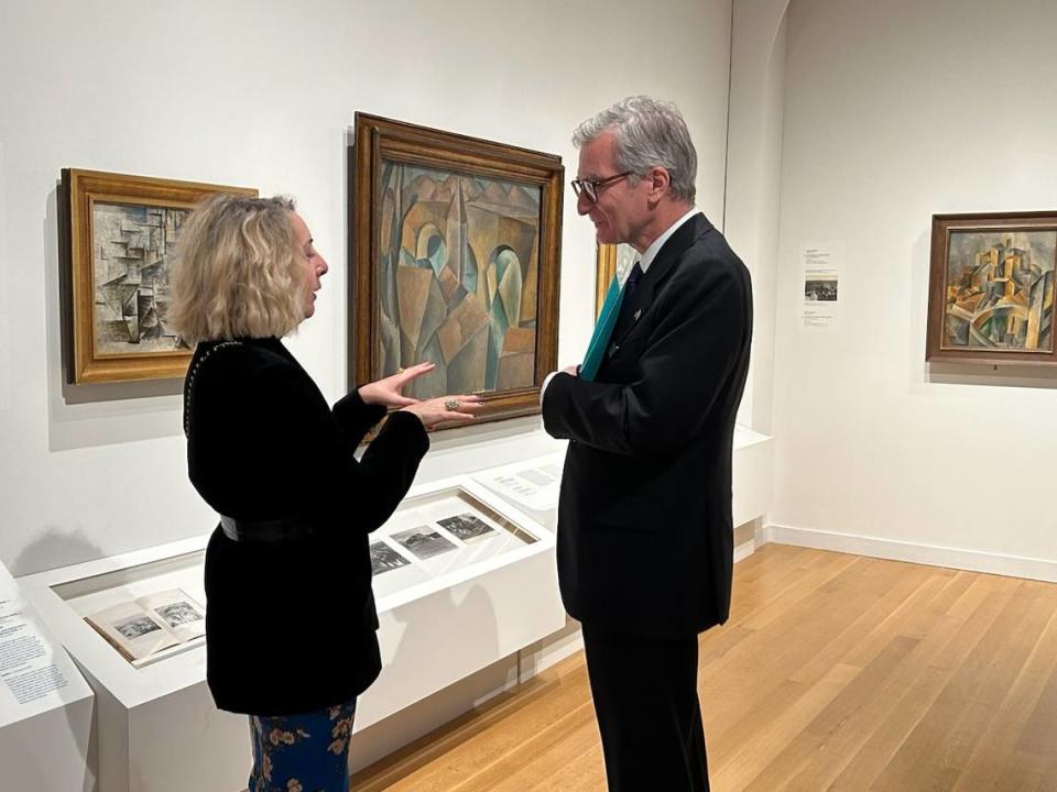 American Federation of Arts guest curator Laurence Madeline, speaking with Santiago Cabanas, the Spanish ambassador to the US, during a February preview of “Picasso Landscapes: Out of Bonds.”