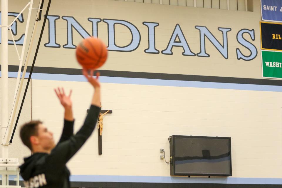 The nickname “Indians” is shown on the Alumni Gymnasium wall prior to the Saint Joseph vs. NorthWood boys basketball game Tuesday, Jan. 17, 2023 at Saint Joseph High School.