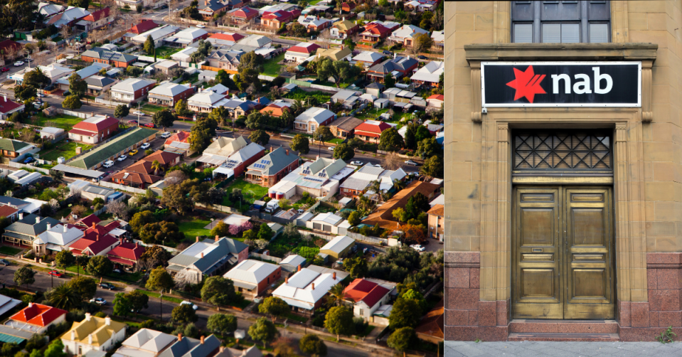 Aerial view of Australian Suburb and NAB logo on bank