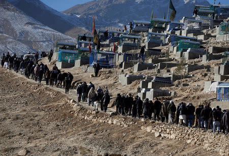 Afghan Shi'ite Muslims attend a funeral ceremony of one of the victims, which was killed during yesterday's suicide attack at a Shi'ite cultural centre in Kabul, Afghanistan December 29, 2017. REUTERS/Omar Sobhani