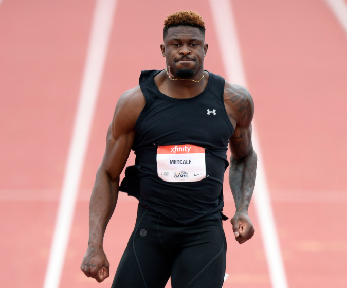 WALNUT, CALIFORNIA - MAY 09: DK Metcalf reacts as he finishes in the Men 100 Meter Dash.