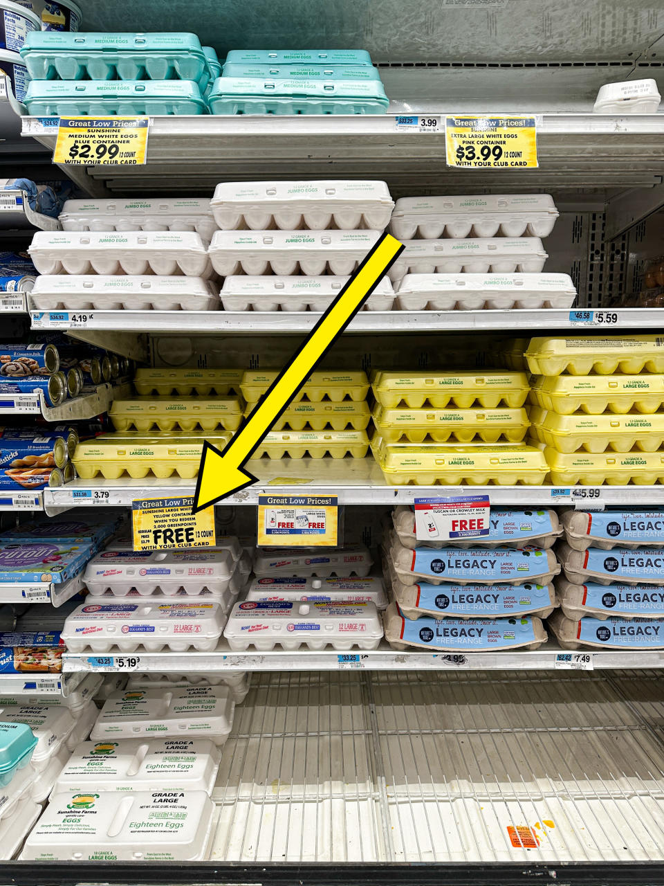 arrow pointing to eggs for "free" with a card