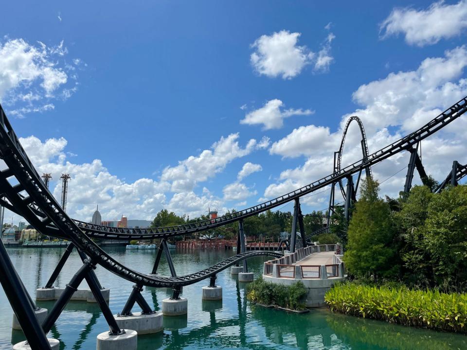 VelociCoaster roller coaster tracks looping and stretching across water