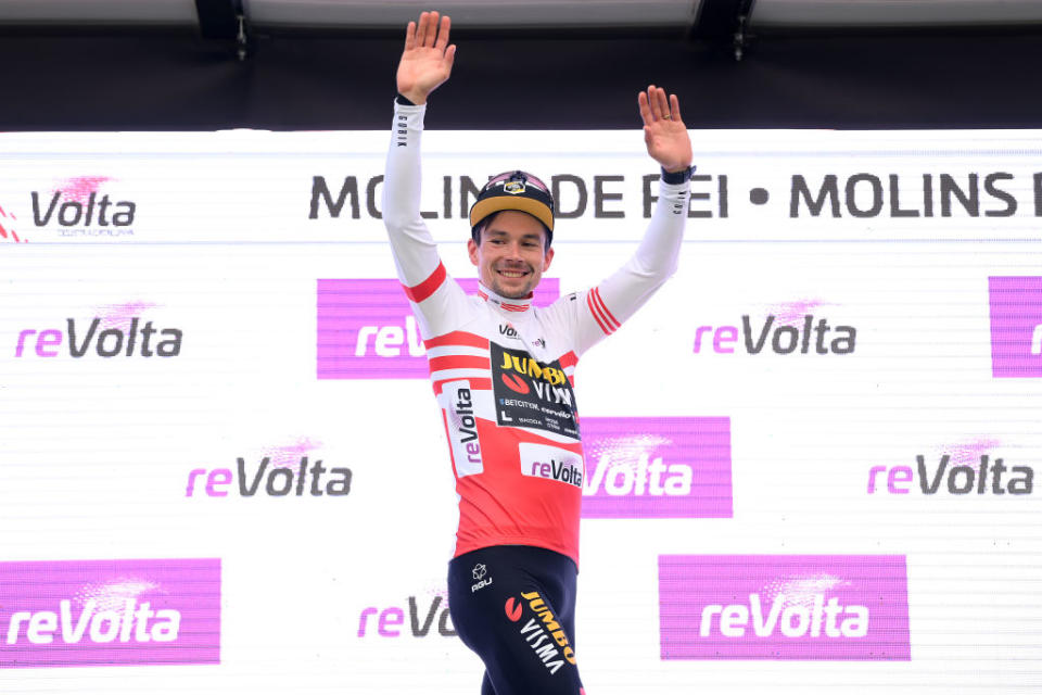 MOLINS DE REI SPAIN  MARCH 25 Primoz Roglic of Slovenia and Team JumboVisma celebrates at podium as Red Mountain Jersey  winner during the 102nd Volta Ciclista a Catalunya 2023 Stage 6 a 1741km stage from Martorell to Molins de Rei  UCIWT  on March 25 2023 in Molins de Rey Spain Photo by David RamosGetty Images