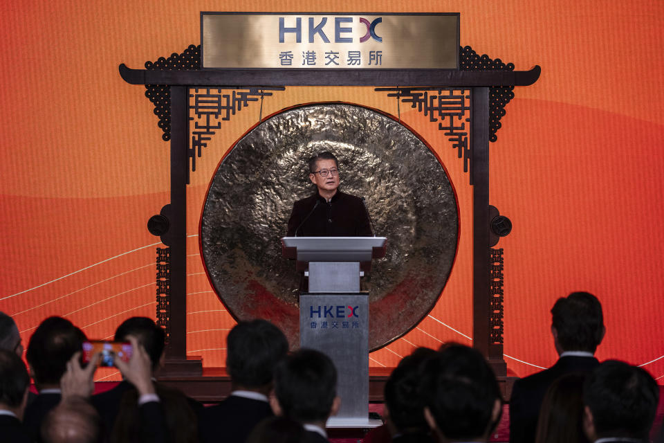 Hong Kong Financial Secretary Paul Chan speaks during a ceremony to mark the first trading day of the Year of the Dragon at the Hong Kong Exchanges (HKEX) in Hong Kong, Wednesday, Feb. 14, 2024. (AP Photo/Louise Delmotte)