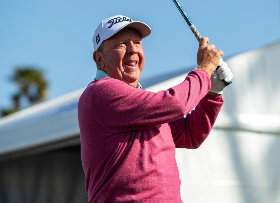 Billy Mayfair tees off to start the first round of the Galleri Classic in Rancho Mirage, Calif., Friday, March 24, 2023. 