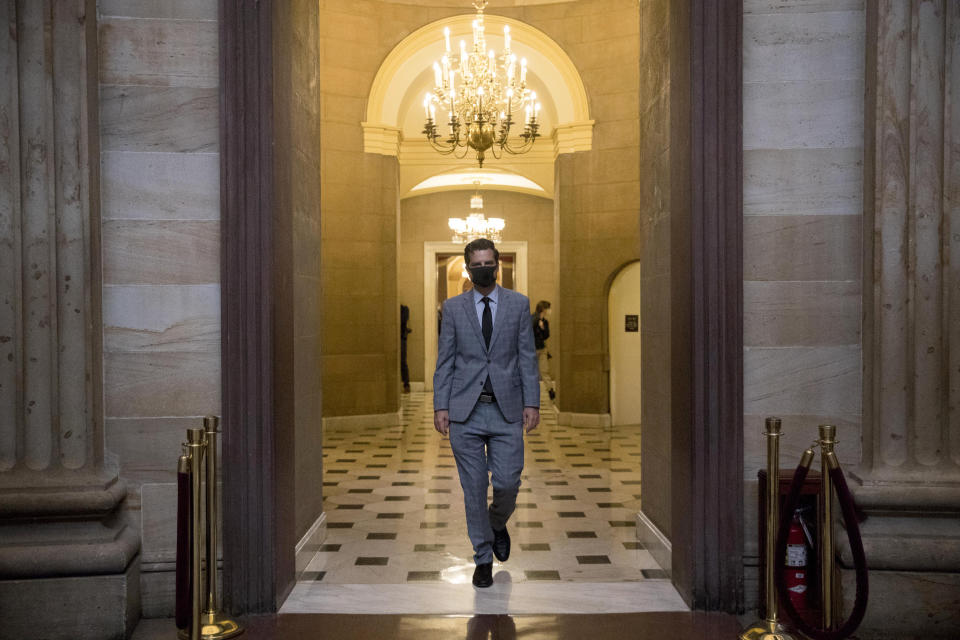 FILE - In this April 23, 2020, file photo Rep. Matt Gaetz, R-Fla., walks into the U.S. Capitol Rotunda on Capitol Hill in Washington. Federal prosecutors are examining whether Gaetz and a political ally who is facing sex trafficking allegations may have paid underage girls or offered them gifts in exchange for sex, two people familiar with the matter told The Associated Press on Friday, April 2, 2021. (AP Photo/Andrew Harnik, File)