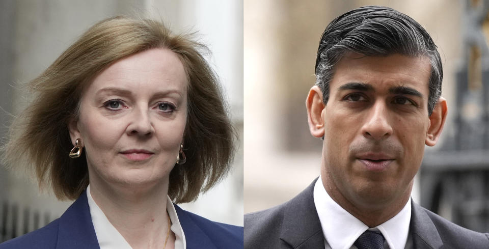 FILE This file combo shows the remaining candidates in the Conservative Party leadership race, former Chancellor of the Exchequer Rishi Sunak, right and Foreign Secretary Liz Truss. Two people are running to be Britain’s next prime minister, but a third presence looms over the contest: Margaret Thatcher. Almost a decade after her death, the late former prime minister casts a powerful spell over Britain's Conservative Party. In the race to replace Boris Johnson as Conservative leader and prime minister, both Foreign Secretary Liz Truss and former Treasury chief Rishi Sunak claim to embody the values of Thatcher. (AP Photo, File)